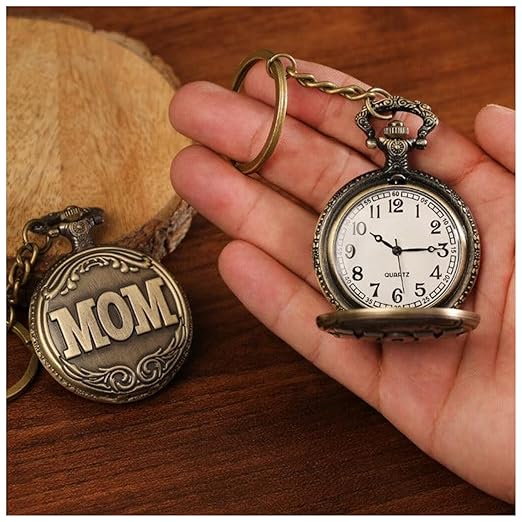 "Mom" Embossed Pocket Watch Keychain
