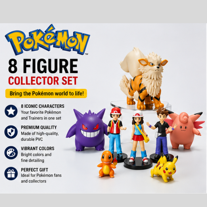 Pokémon 8 Figure Collector Set – Pikachu, Charmander, Gengar, Arcanine & Trainer Mini Action Figures | Premium PVC Anime Collectibles