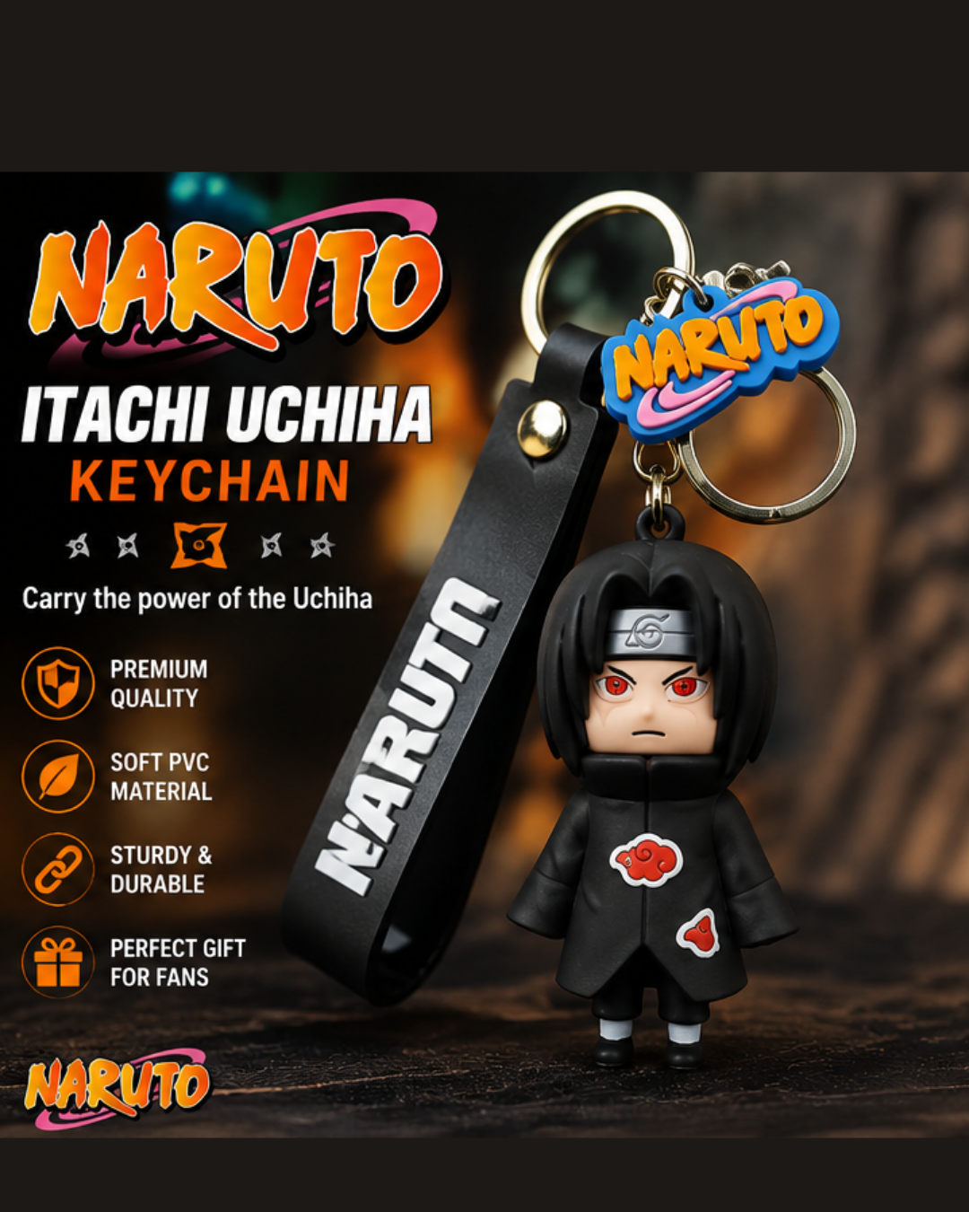 Naruto Itachi Uchiha 3D Rubber Keychain with Silicone Strap | Anime Keyring for Bike, Car, House Keys & Backpack | Premium Collectible Gift for Naruto Fans