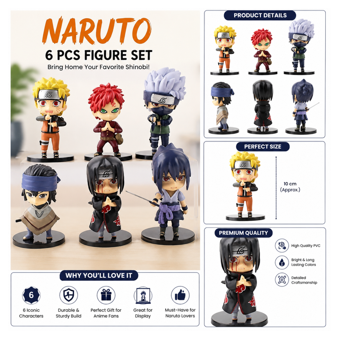 Naruto Mini Figure Set of 6 – Anime Character Collectibles | Premium Desk Display Toys (9-10 CM)