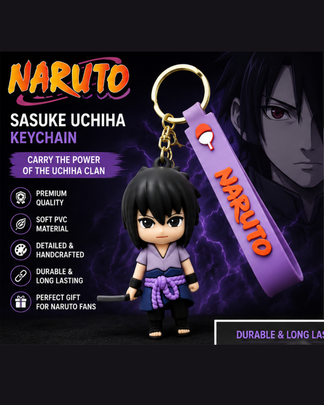Naruto Sasuke Uchiha Chibi Keychain with Silicone Strap | Anime PVC Figure Keyring | Cute Collectible Key Chain for Bags, Keys & Gifts