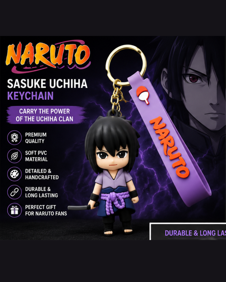 Naruto Sasuke Uchiha Chibi Keychain with Silicone Strap | Anime PVC Figure Keyring | Cute Collectible Key Chain for Bags, Keys & Gifts