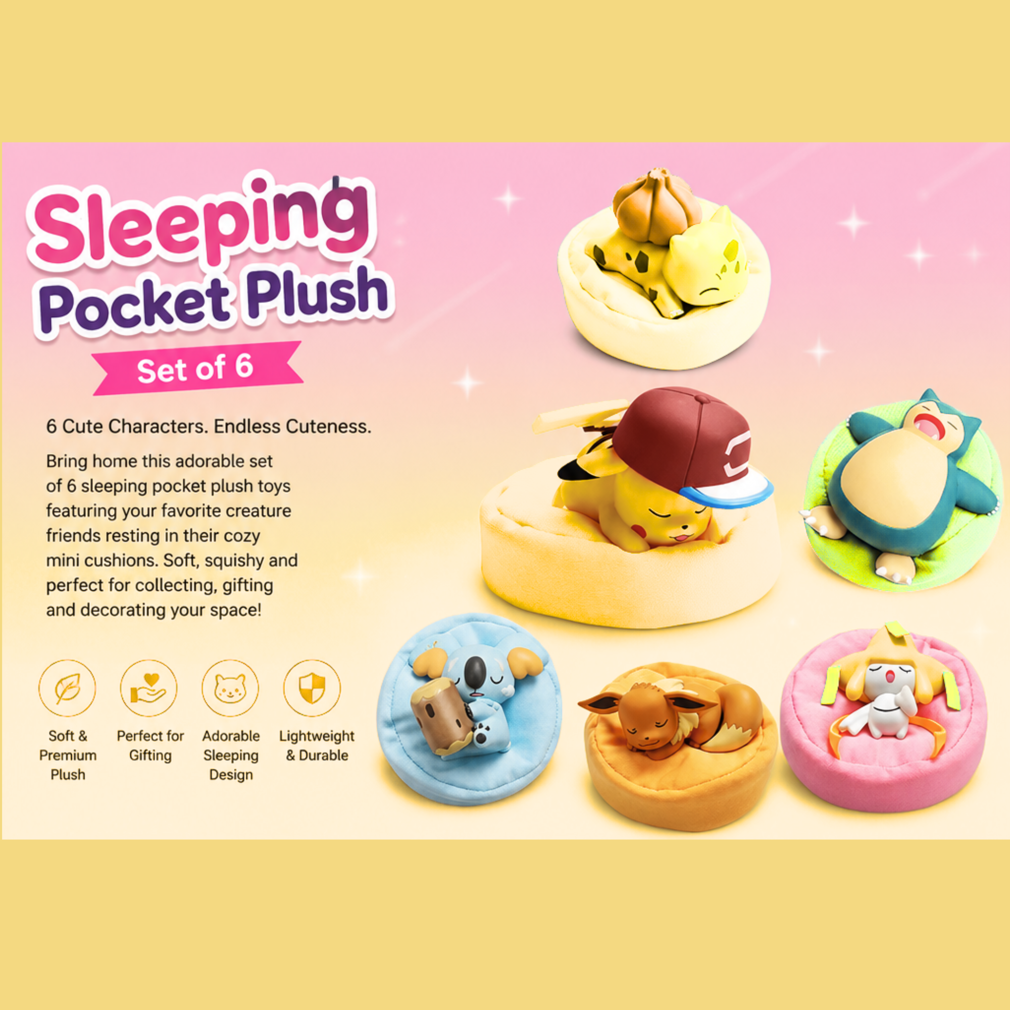 Cute Sleeping Monster Pocket Plush – Soft Desk Decor & Collectible Mini Plush | Pokémon 6-Piece Action Figure Set