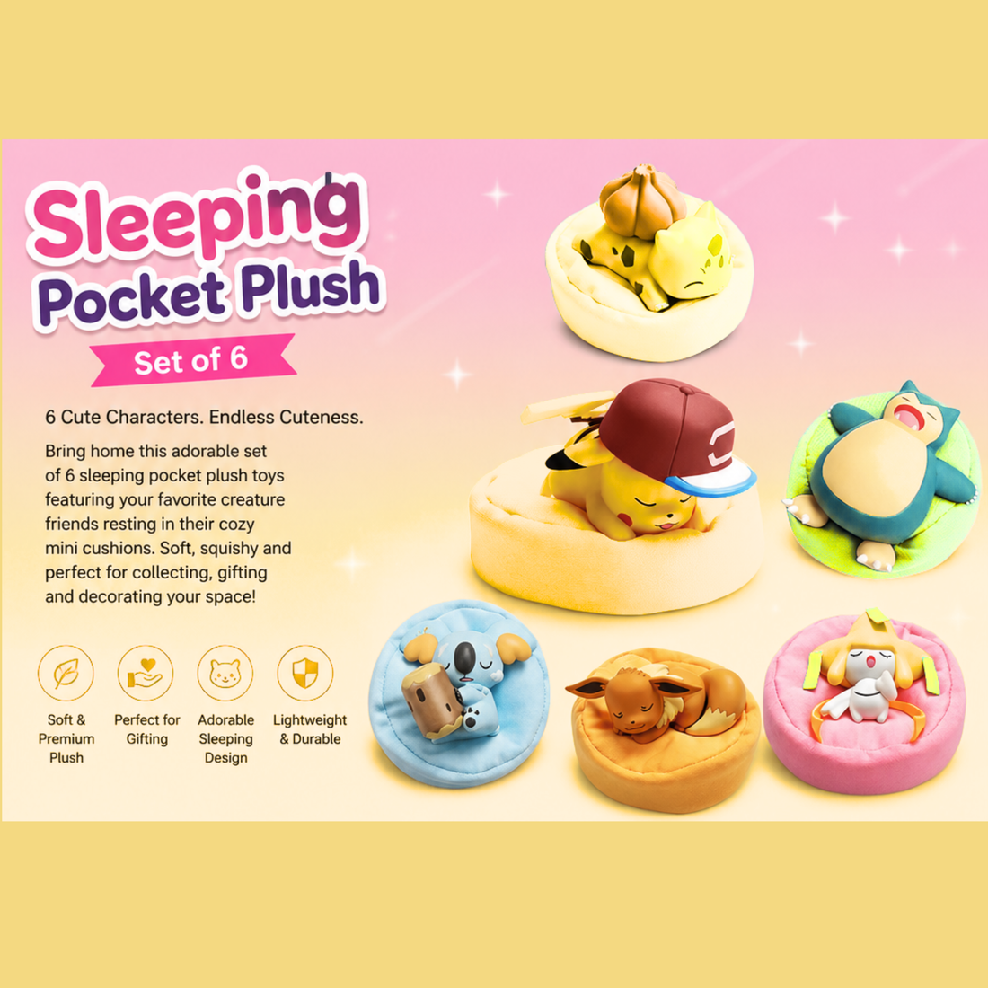 Cute Sleeping Monster Pocket Plush – Soft Desk Decor & Collectible Mini Plush | Pokémon 6-Piece Action Figure Set