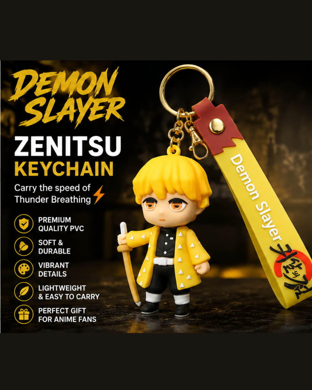 Demon Slayer Zenitsu Agatsuma PVC Keychain with Silicone Strap | Anime Keychain for Keys, Bags & Backpacks | Kimetsu no Yaiba Merchandise