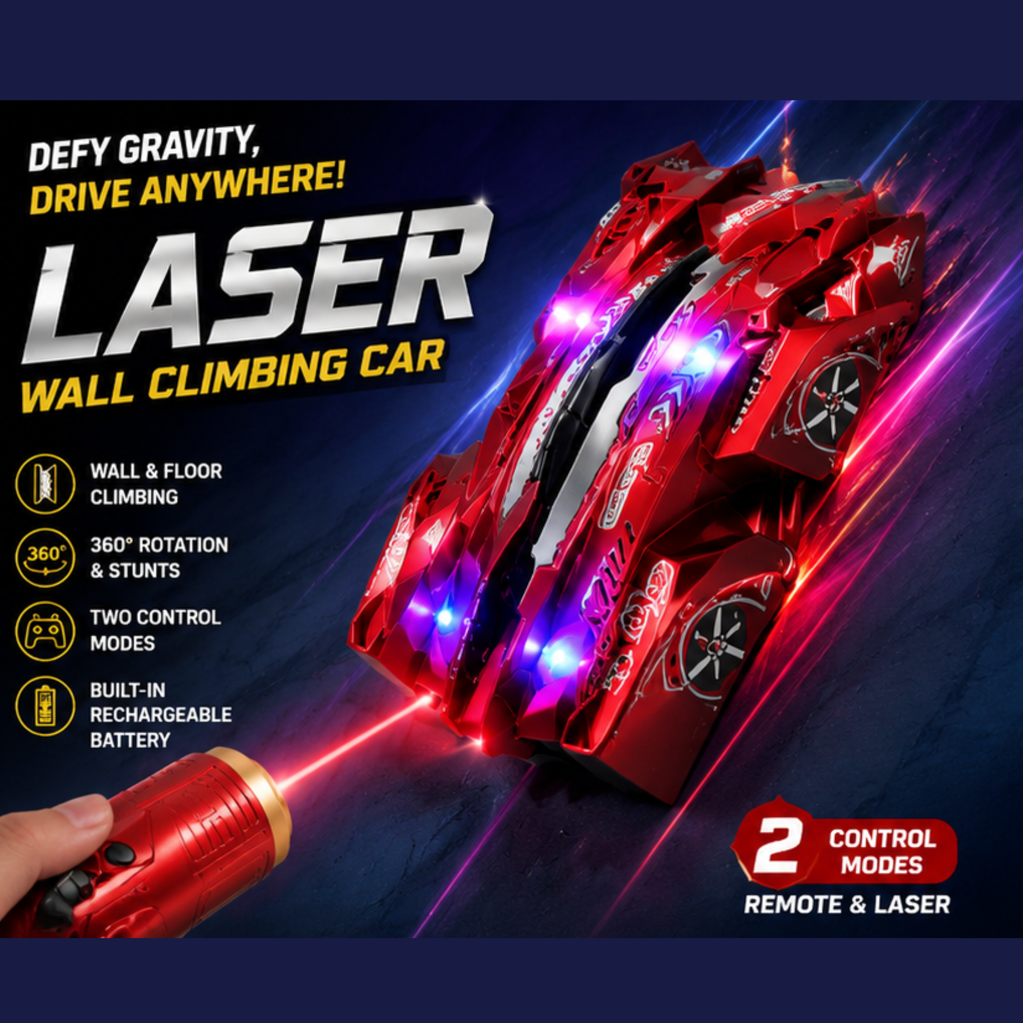 Laser Wall Climbing RC Car with Laser Controller & Remote Control | 360° Stunt Car | USB Rechargeable | Wall, Ceiling & Floor Climbing Toy for Kids