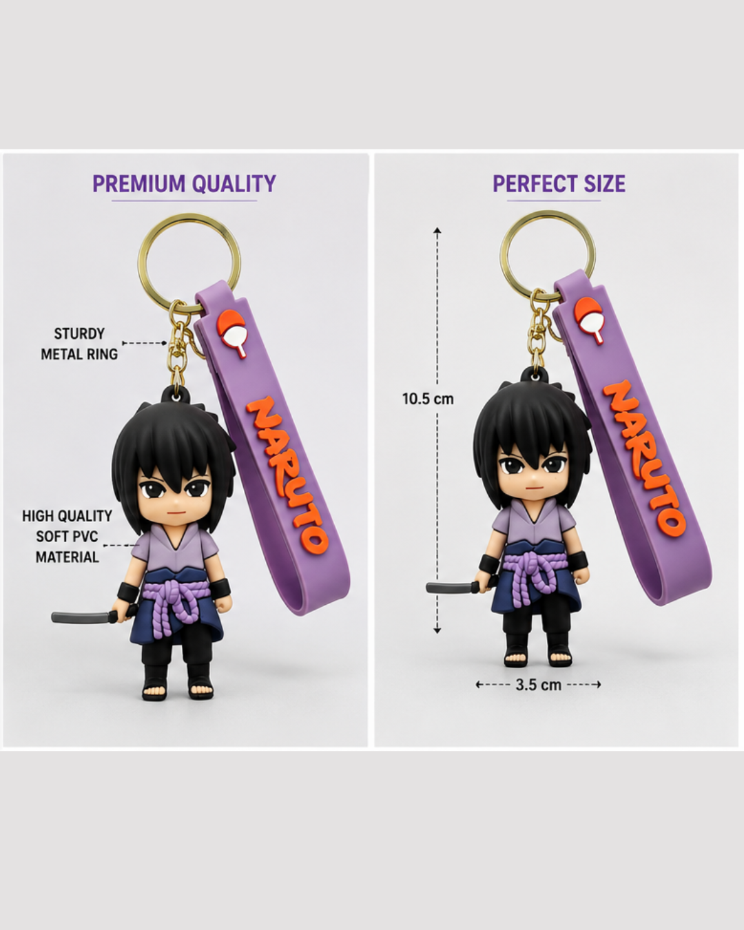 Naruto Sasuke Uchiha Chibi Keychain with Silicone Strap | Anime PVC Figure Keyring | Cute Collectible Key Chain for Bags, Keys & Gifts