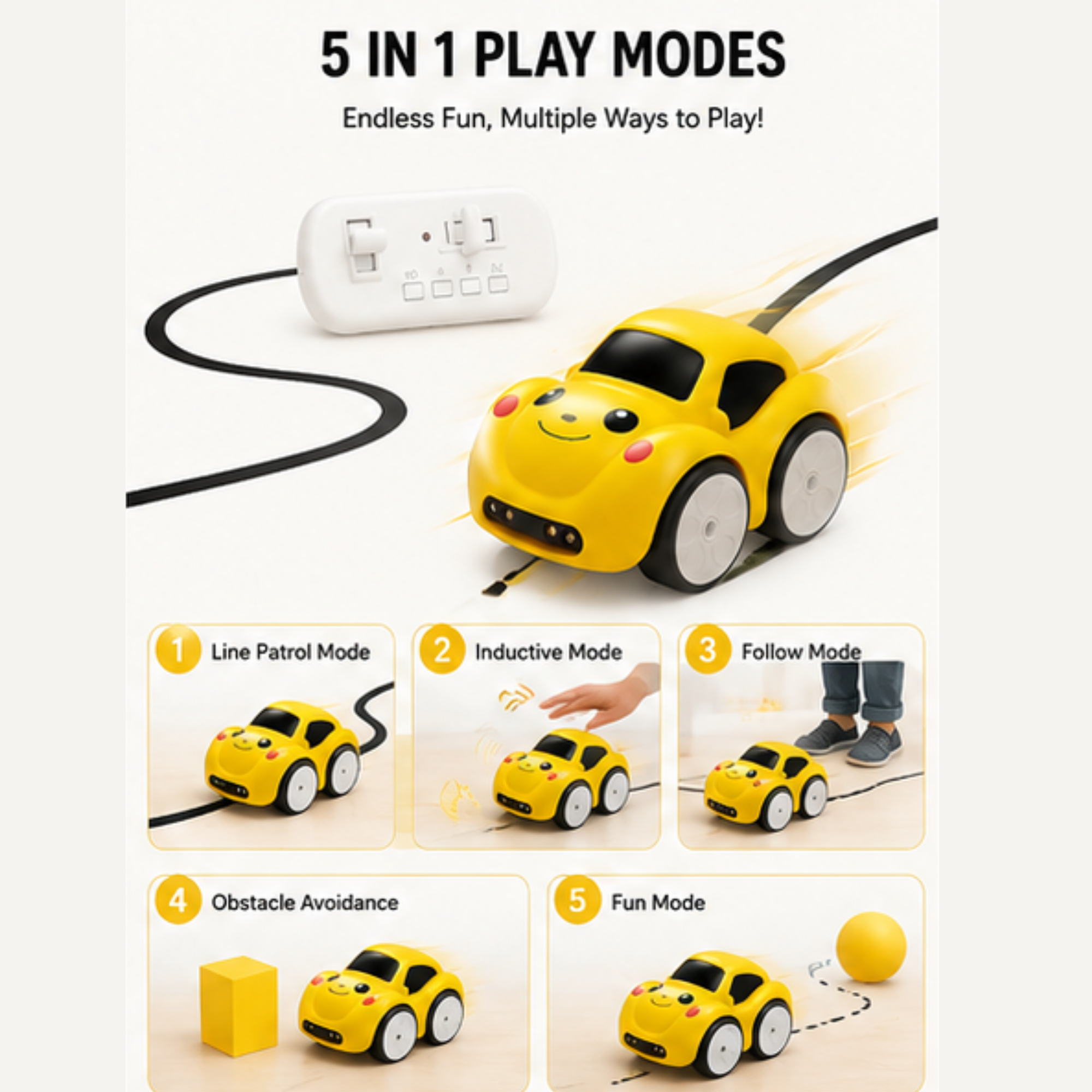 Magic Induction RC Car – 5-in-1 Smart Sensor Line Following Toy Car with Remote Controller & USB Rechargeable Battery (Random Color)