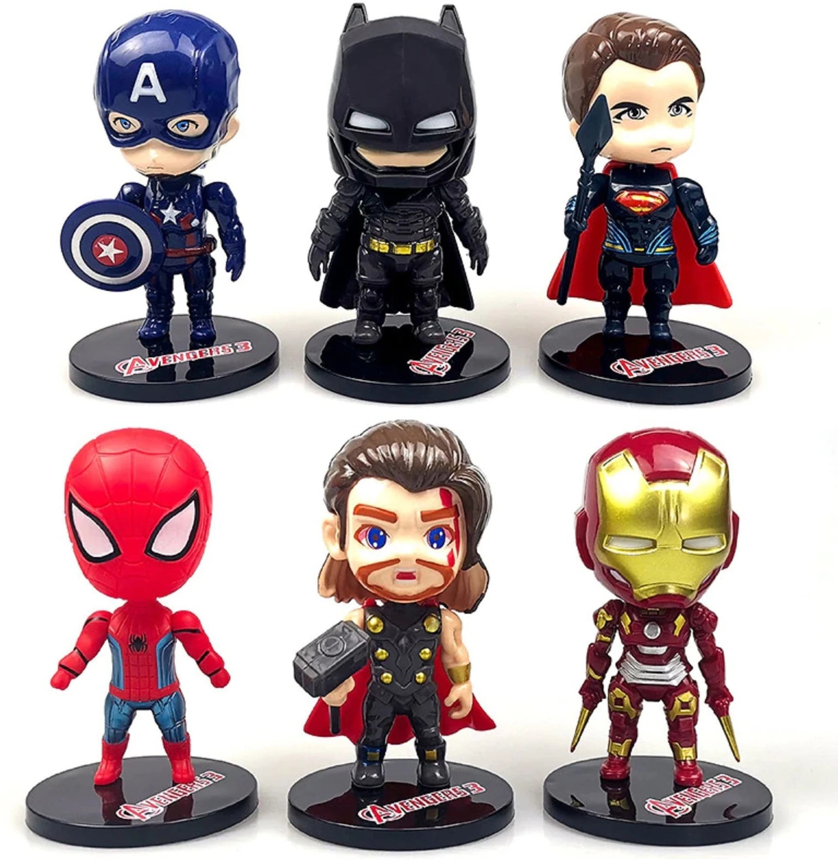 Marvel Superhero 6 Figure Collector Set – Spider-Man, Iron Man, Captain America, Thor, Batman & Superman Mini PVC Action Figures