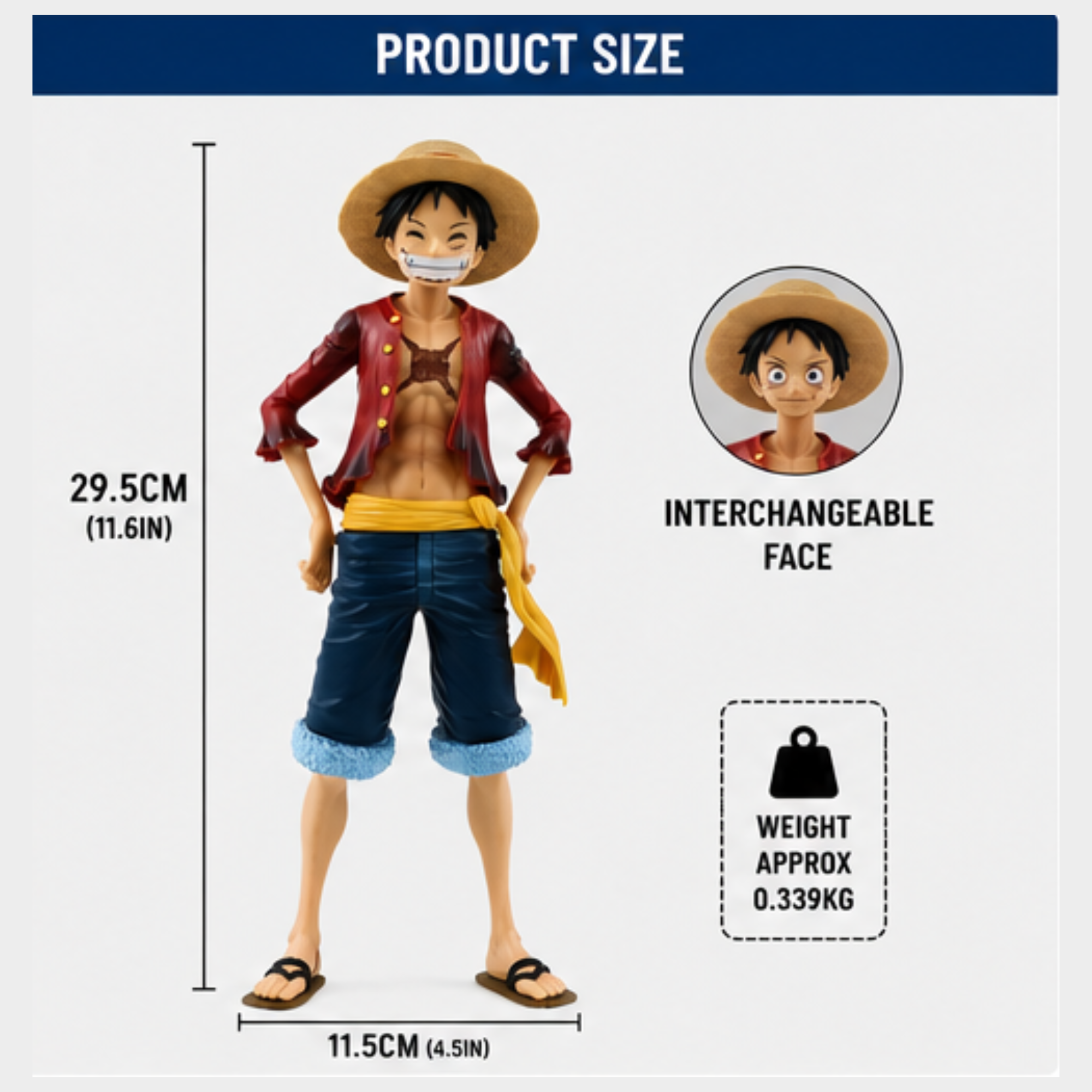 One Piece Monkey D. Luffy Action Figure | 29.5 cm Anime Collectible Statue with Interchangeable Face | Premium PVC Display Model for Fans & Collectors