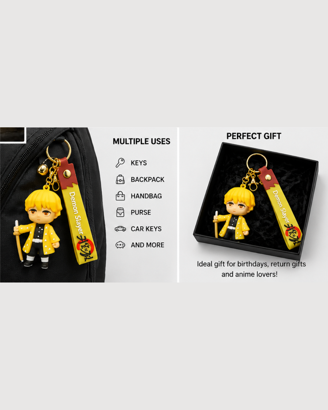 Demon Slayer Zenitsu Agatsuma PVC Keychain with Silicone Strap | Anime Keychain for Keys, Bags & Backpacks | Kimetsu no Yaiba Merchandise