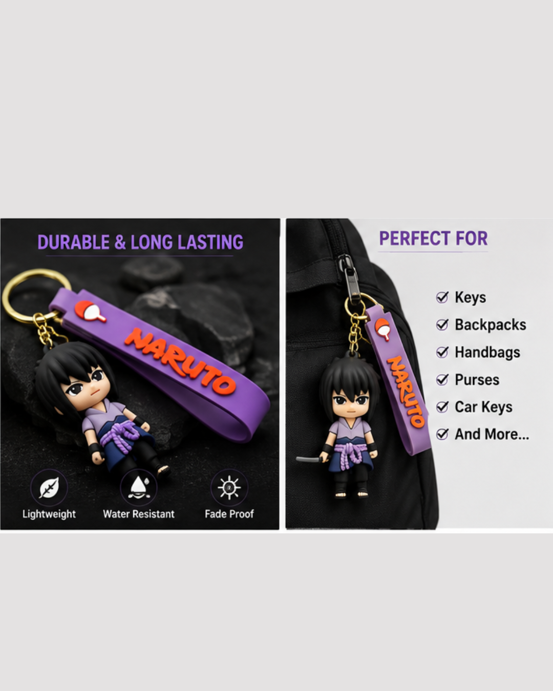 Naruto Sasuke Uchiha Chibi Keychain with Silicone Strap | Anime PVC Figure Keyring | Cute Collectible Key Chain for Bags, Keys & Gifts