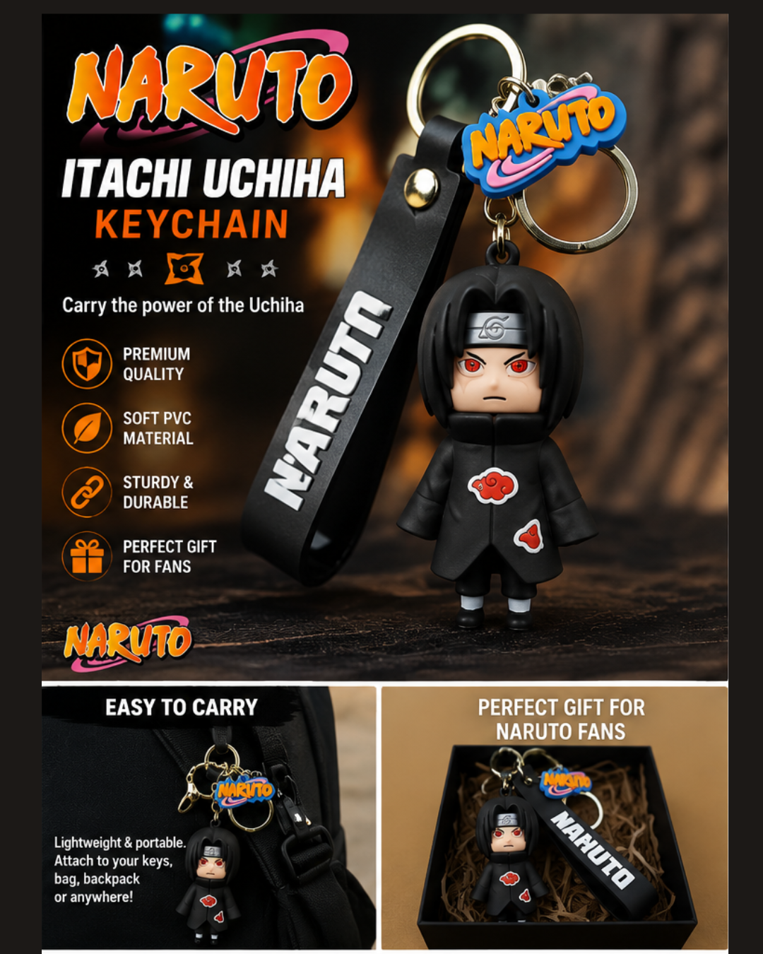 Naruto Itachi Uchiha 3D Rubber Keychain with Silicone Strap | Anime Keyring for Bike, Car, House Keys & Backpack | Premium Collectible Gift for Naruto Fans